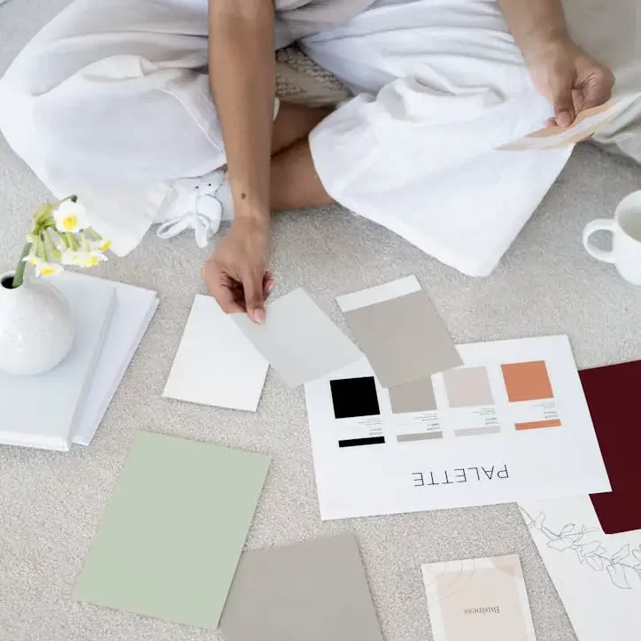 Designer hand selecting colour swatches from a palette next to paint chips, illustrating creative branding work for MRM Events.