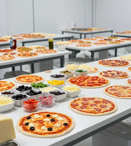 Freshly prepared pizzas and colorful toppings are displayed on tables during a cooking workshop for kids, part of fun hands-on workshops in Dubai.