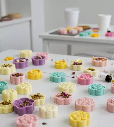 Colorful handmade soaps with floral designs and dried petals on a workshop table during a kids soap making activity in Dubai.