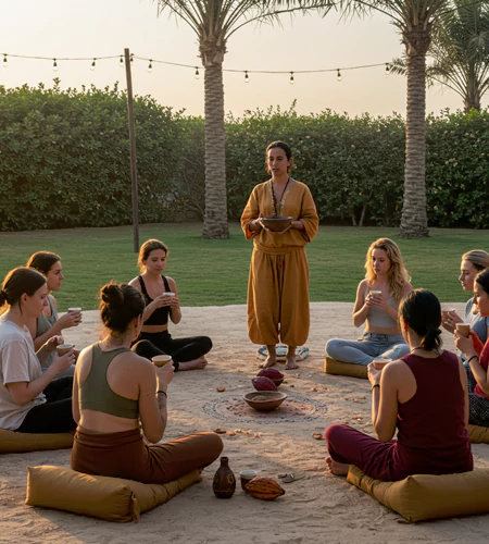 "Cacao ceremony during a wellness workshop in Dubai, blending mindful rituals with corporate event wellness for deeper team connection and calm. "