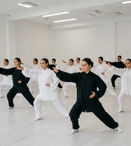 "Group practicing Qi Gong during wellness workshops in Dubai, enhancing energy flow and focus, perfect for corporate events and inner balance. "