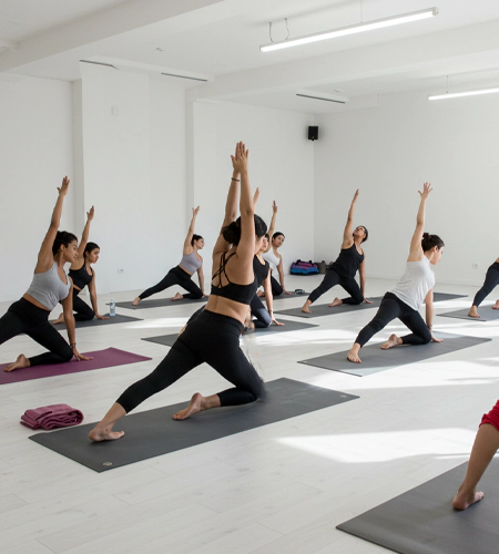 "Corporate group enjoying guided yoga by the beach as part of wellness workshops in Dubai, designed to enhance health during corporate events. "