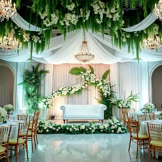 Luxurious wedding stage with cascading floral decorations, elegant chandeliers, and a stylish white seating arrangement in Duba