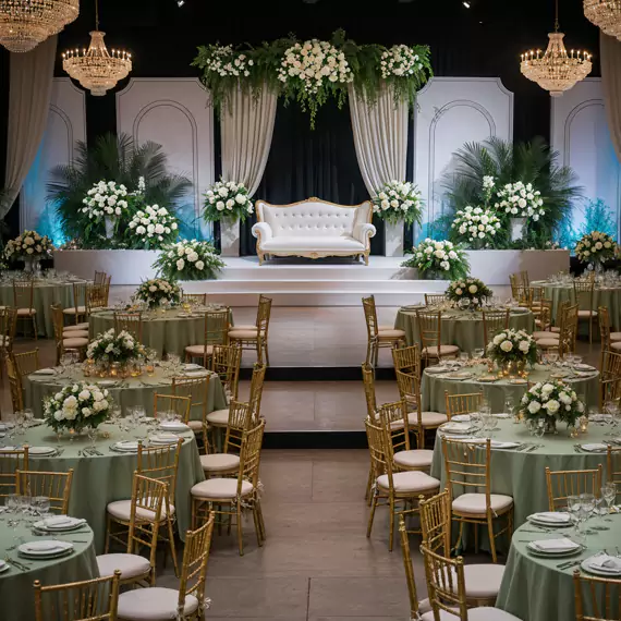 Elegant wedding reception setup with floral arrangements, golden chairs, and a luxurious stage backdrop in Dubai