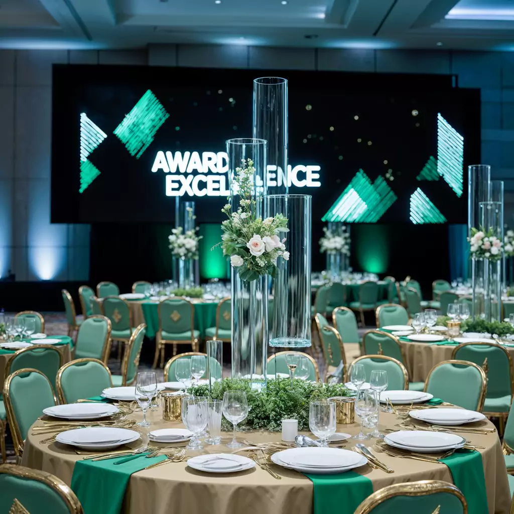 An impressive corporate award ceremony with sleek designs and motivational ambiance, celebrating success.