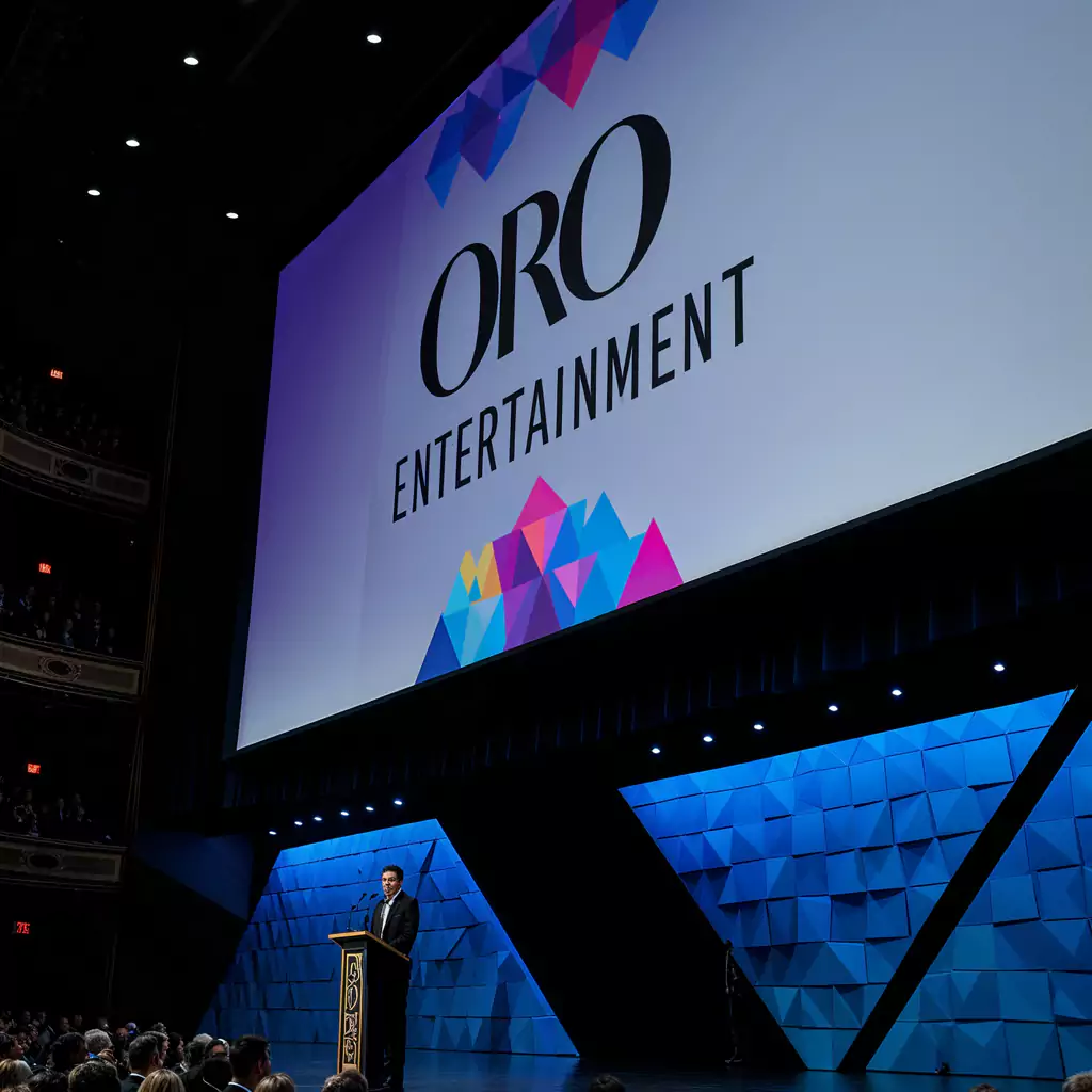 A sophisticated awards gala with vibrant stage lights and personalized touches for corporate achievements.