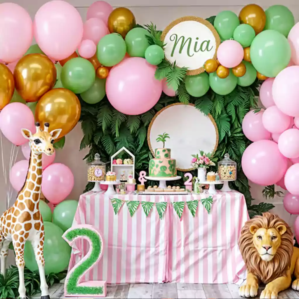 Jungle-themed birthday party with giraffe and lion decorations, vibrant green and pink balloons in Dubai. Managed by MRM EVENTS.