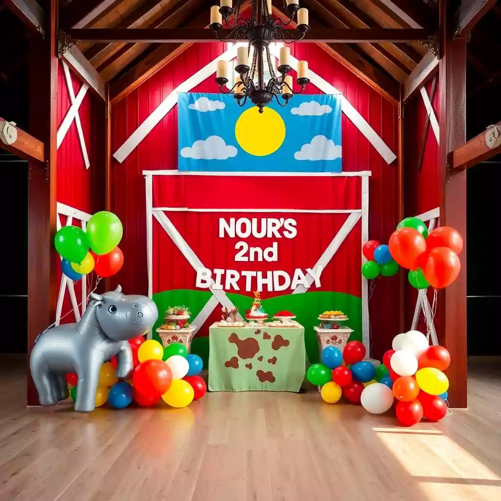 Farm-themed 2nd birthday party setup with a red barn backdrop, a decorated dessert table, colorful balloon arrangements, and a large inflatable farm animal inside a wooden venue