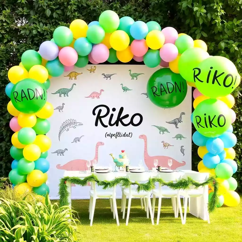 Dinosaur-themed birthday setup with a colorful balloon arch, dino backdrop, and a decorated party table on a green lawn.