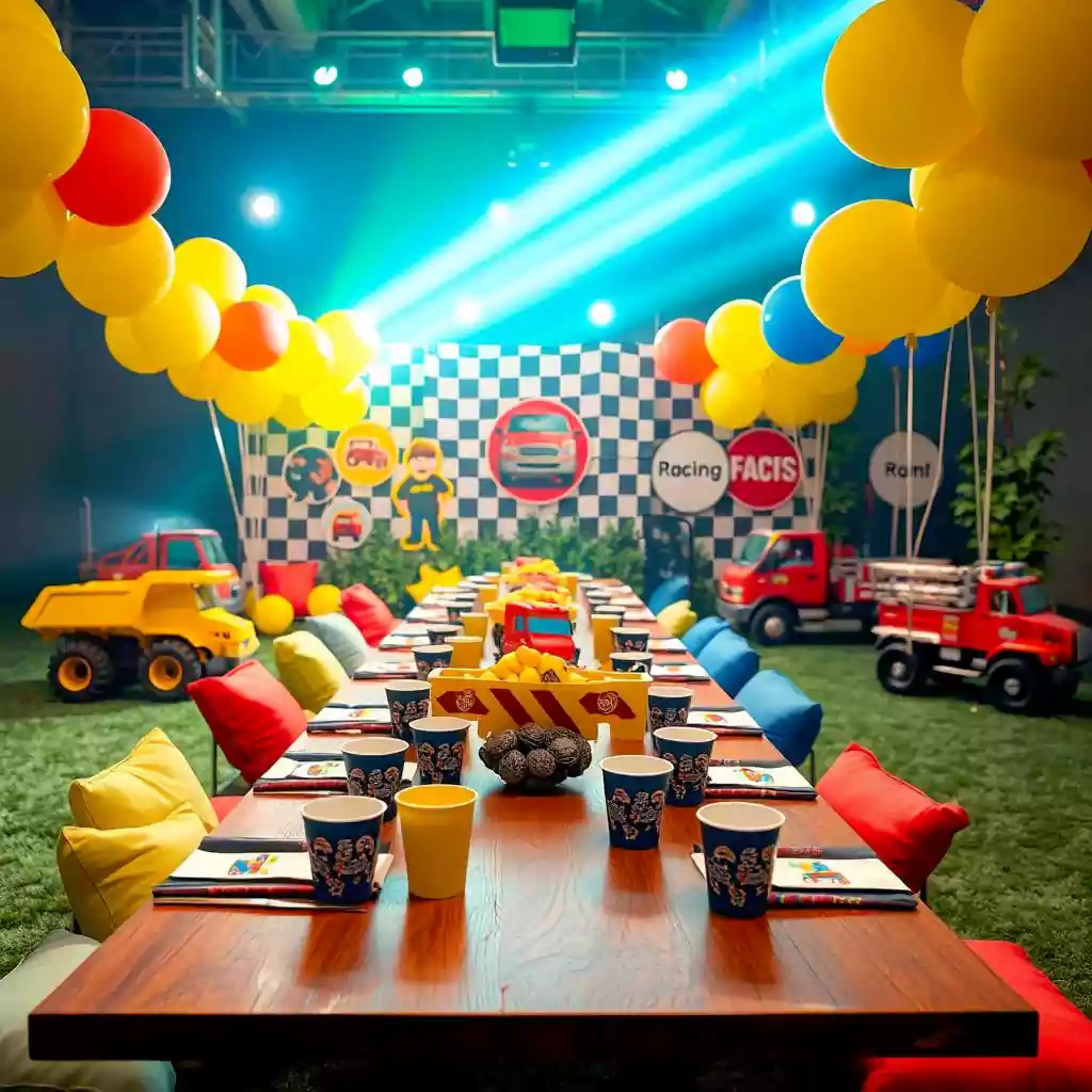 Construction-themed birthday party with yellow and red balloon decorations, toy trucks, and a race-inspired setup in Dubai. Organized by MRM EVENTS.