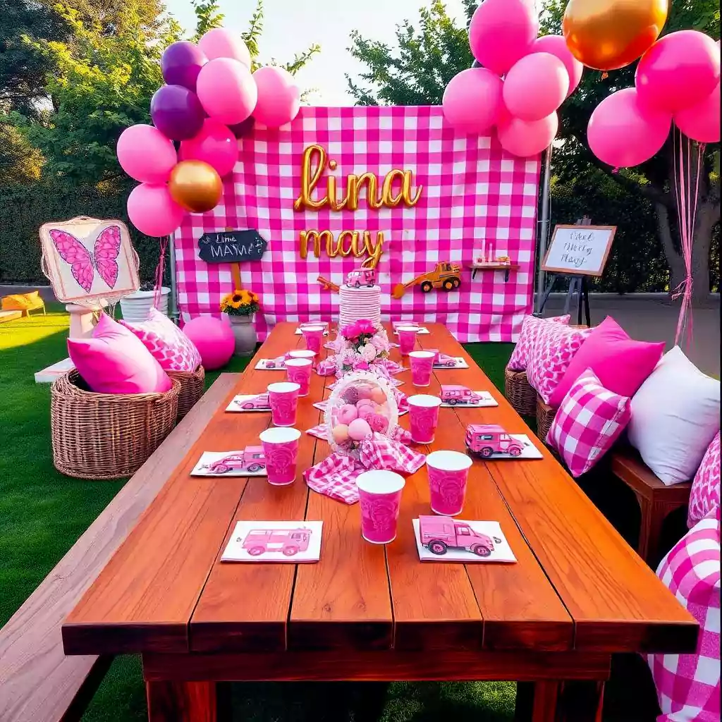 Pink-themed outdoor birthday setup with a gingham backdrop, balloons, and a decorated wooden table.