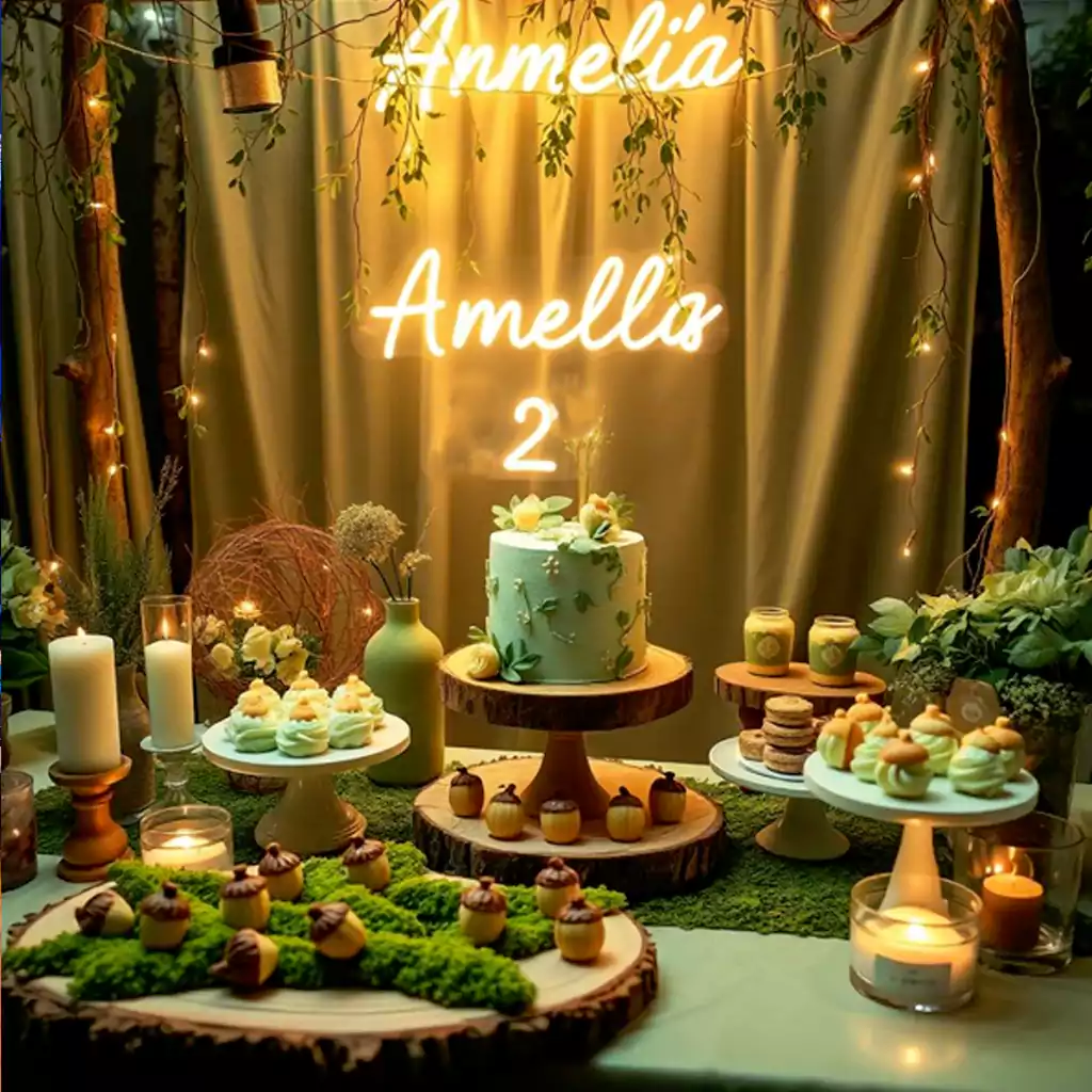 Nature-themed birthday setup with a green and yellow cake, fairy lights, and rustic desserts.