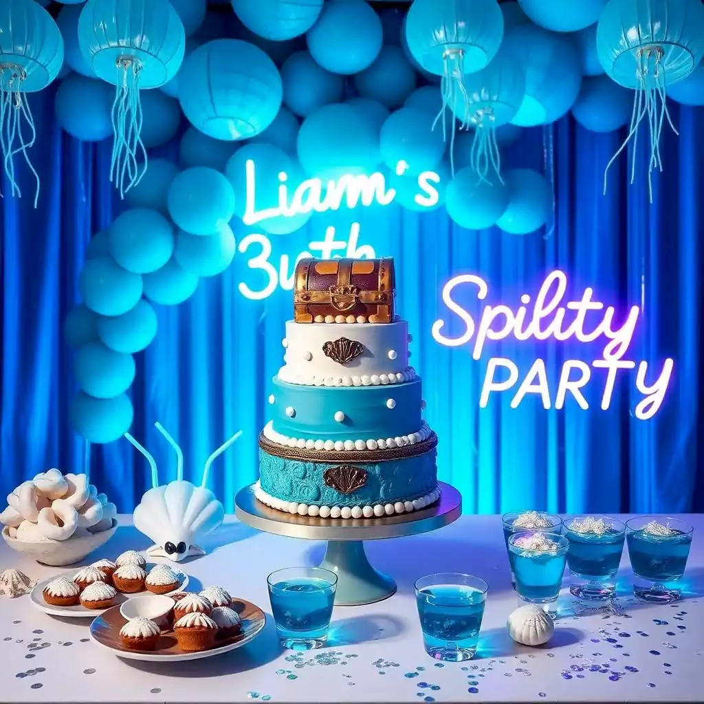Underwater-themed birthday setup with a blue ocean-inspired cake, jellyfish decorations, and matching treats.