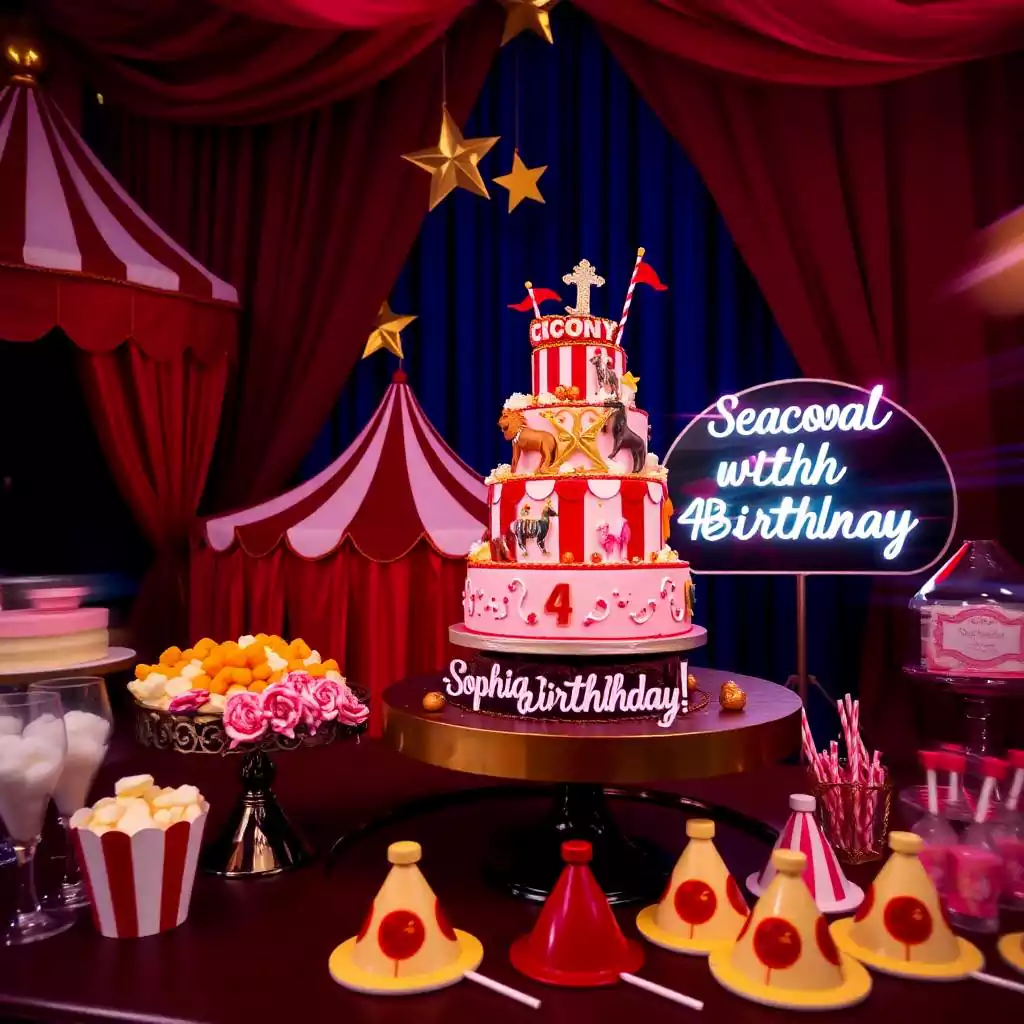 Circus-themed birthday party with a red and white striped cake, carnival decorations, and festive treats.