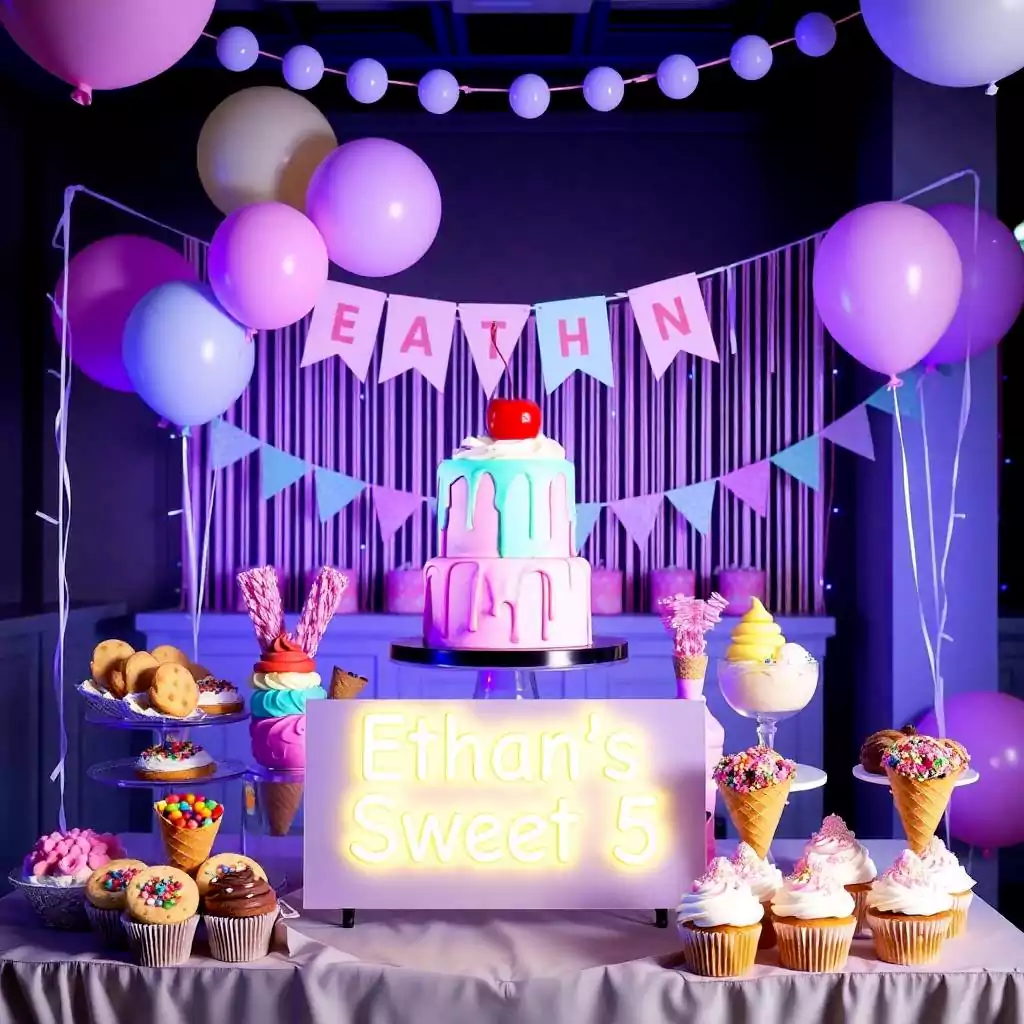Candy-themed birthday party with a pastel drip cake, sweet treats, and pink and purple balloon decorations.