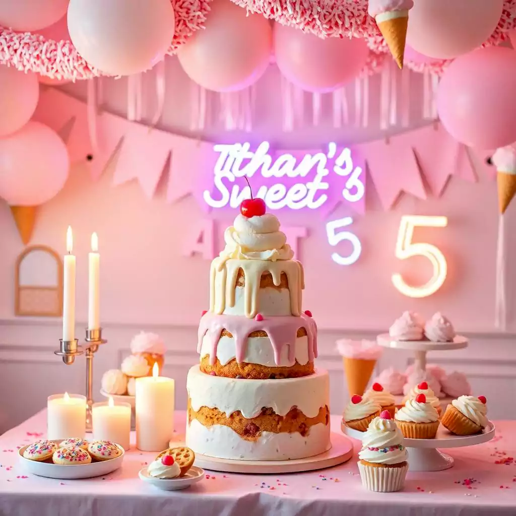 Pink and white candy-themed birthday party with a tiered drip cake, cupcakes, cookies, and ice cream decor.