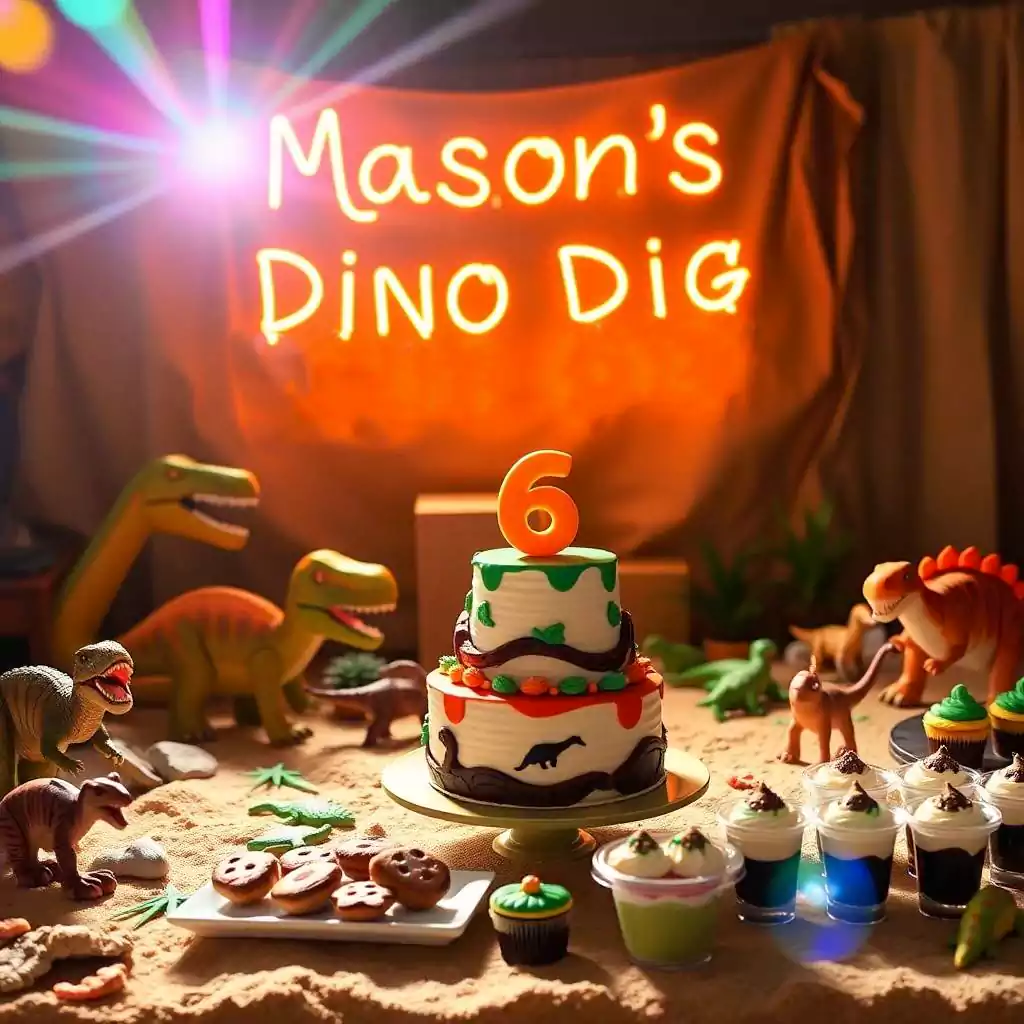 Dinosaur-themed birthday party setup with a sand pit, toy dinosaurs, and prehistoric-themed cake in Dubai. Executed by MRM EVENTS.