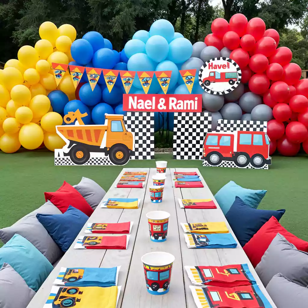 Construction-themed birthday party setup with truck decorations and colorful balloon backdrop in Dubai. Planned by MRM EVENTS.