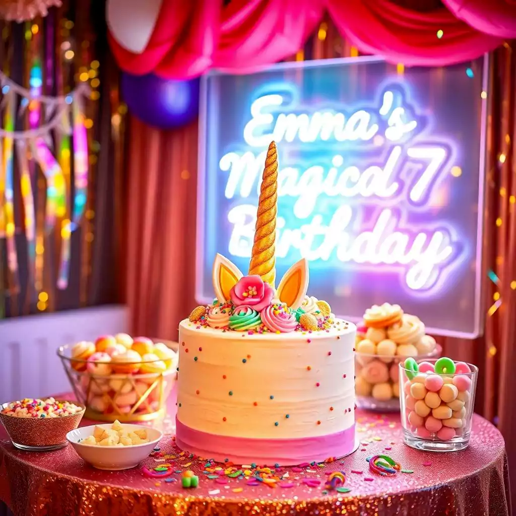 Unicorn-themed birthday party with a colorful magical cake, candy table, and dreamy decor in Dubai. Created by MRM EVENTS.