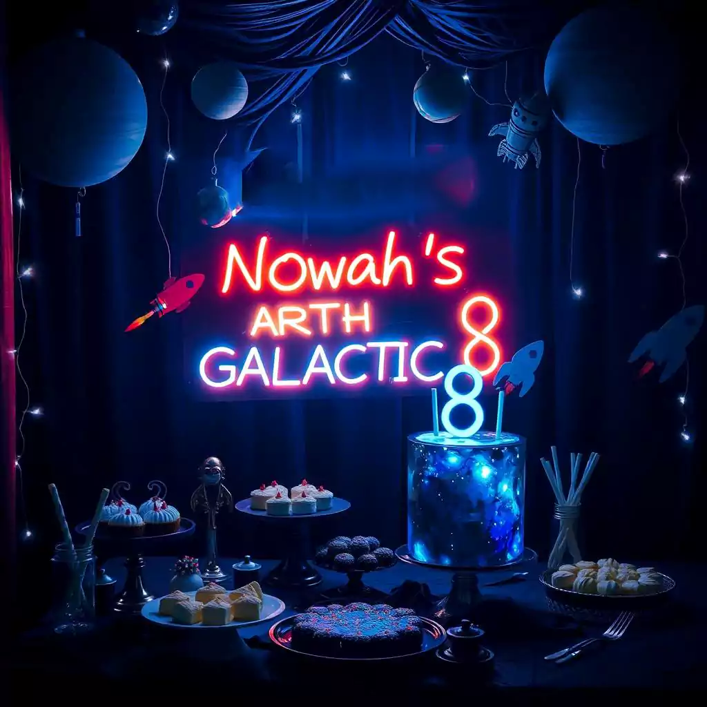 Galactic-themed birthday party with a space-inspired cake, neon lights, planets, and rocket decorations.