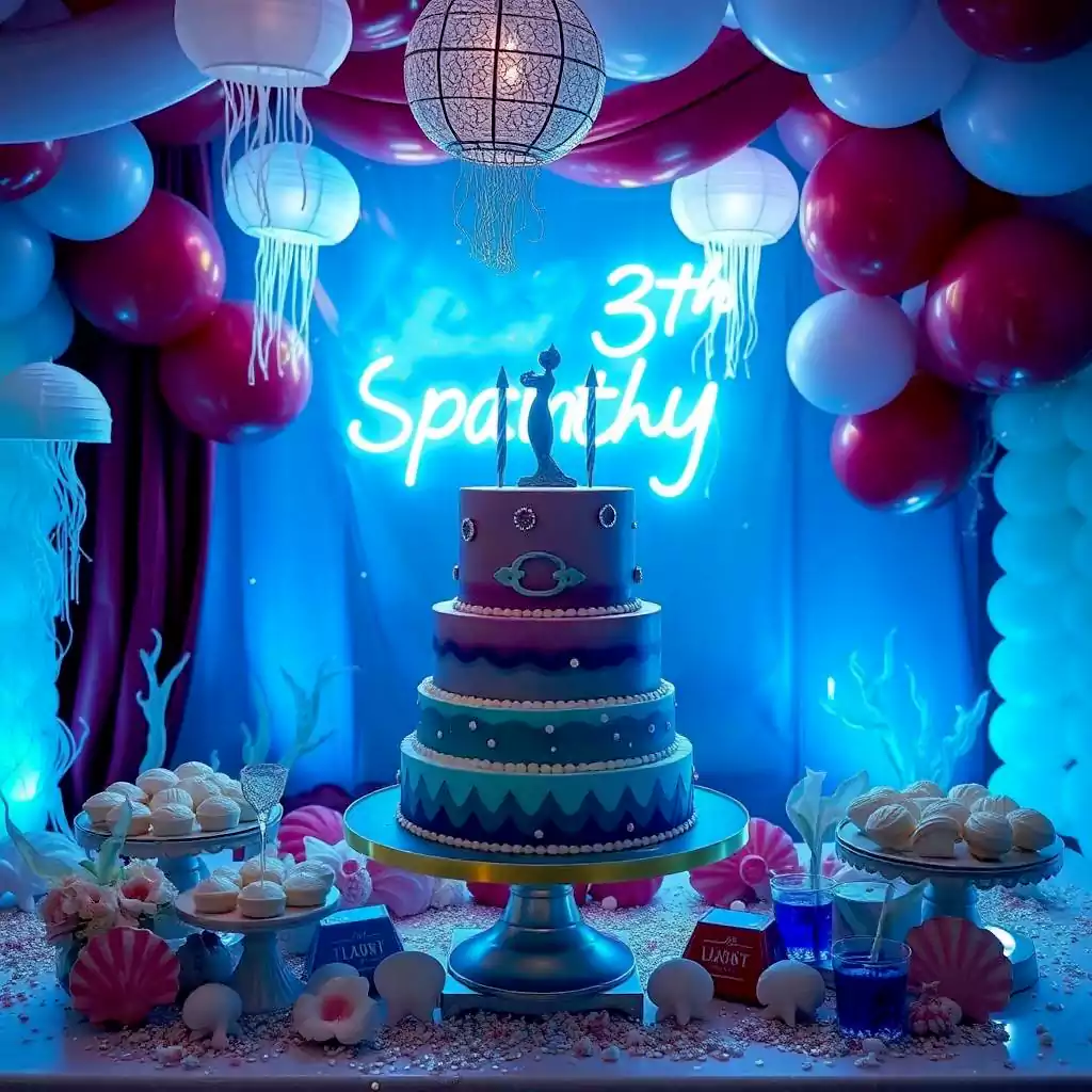 Underwater-themed birthday party with a tiered ocean-inspired cake, seashell decorations, jellyfish balloons, and blue lighting
