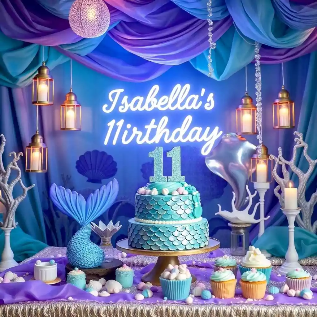 Mermaid-themed 11th birthday party with a shimmering blue cake, seashell decorations, lantern lighting, and ocean-inspired decor.