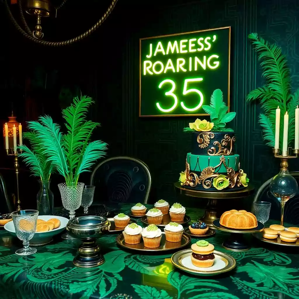Roaring 35th birthday party with a Gatsby-inspired theme, featuring a green and gold cake, vintage decor, and elegant desserts.