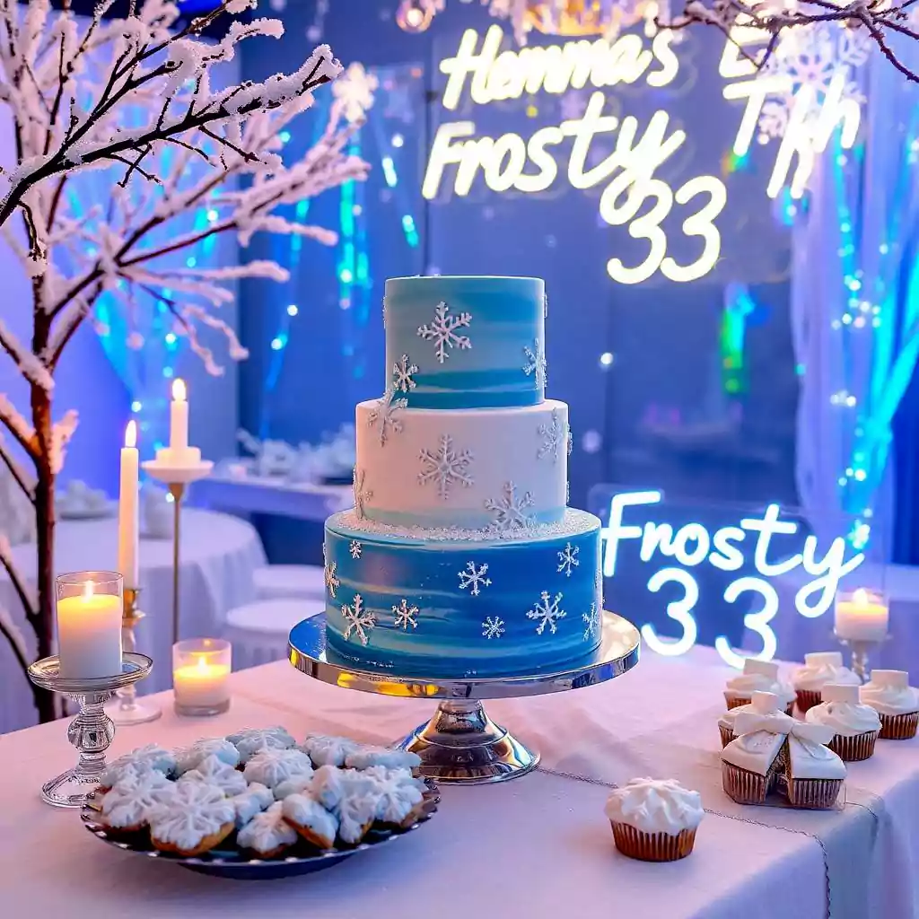 Winter wonderland birthday party with snowflake-themed cake and icy blue decor.