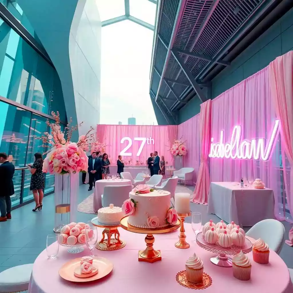 Luxury pink and gold birthday setup with elegant floral arrangements and cakes.