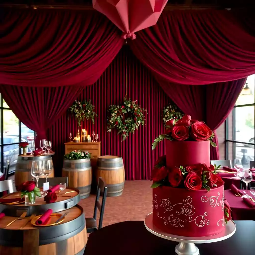 Sophisticated vineyard birthday dinner with deep red floral arrangements, candlelit tables, and a stunning burgundy and gold cake.