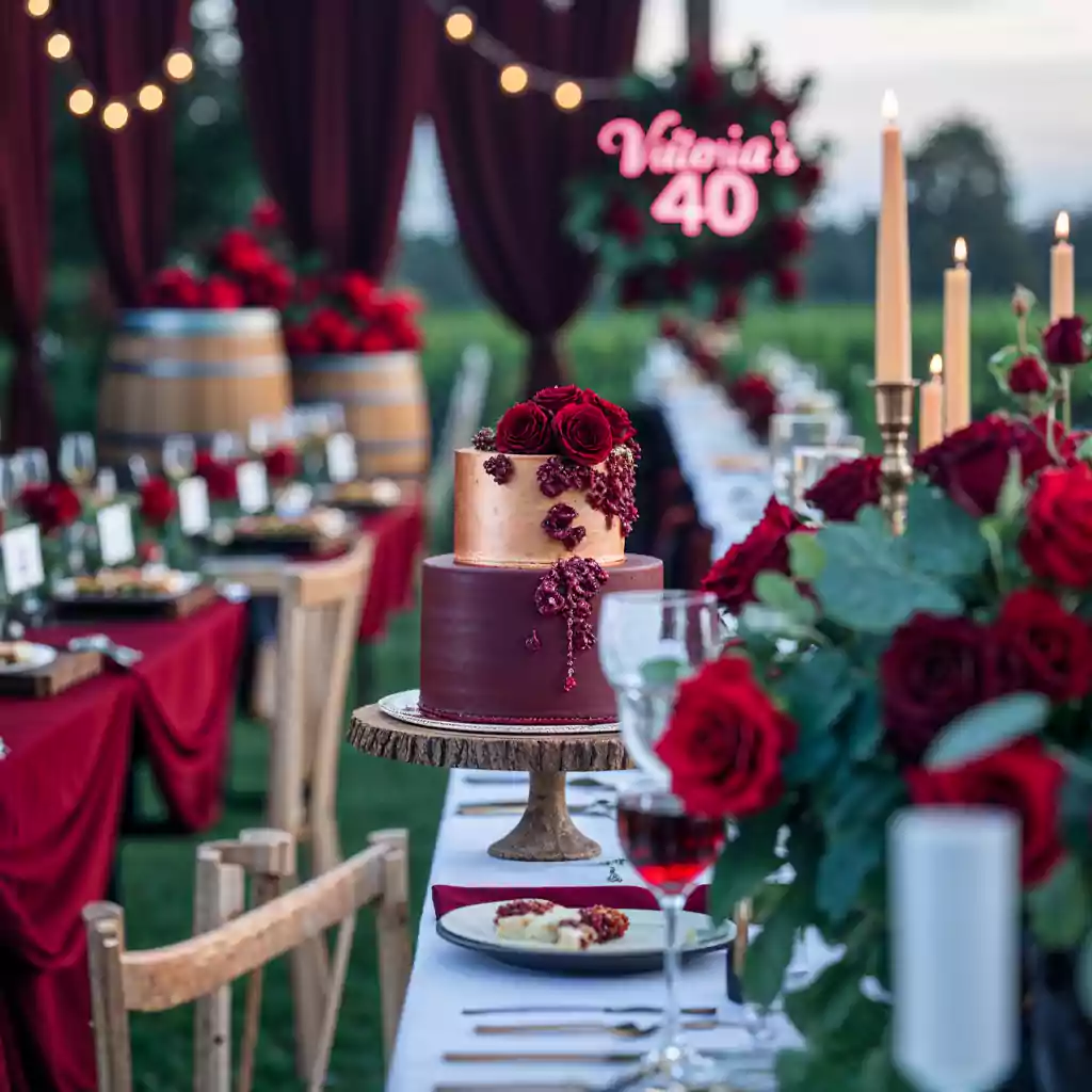 Luxurious deep red birthday party setup with a tiered red rose cake, velvet drapes, and candlelit decor.