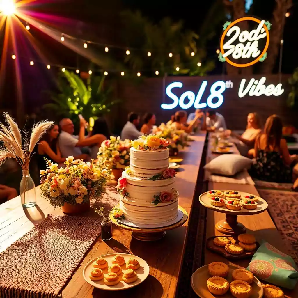 Elegant outdoor birthday celebration with a rustic wooden table, a floral-adorned cake, and a warm ambiance under string lights.