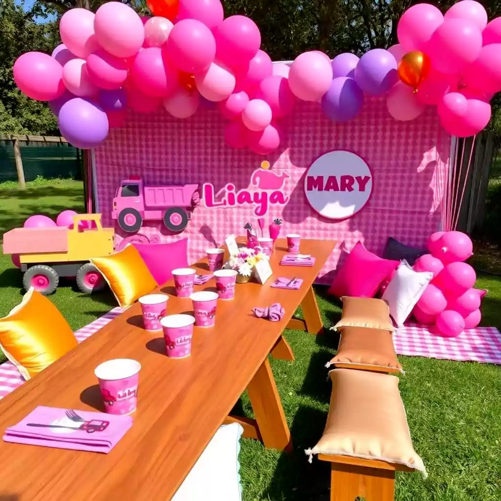 Outdoor pink-themed birthday party setup with picnic-style seating, pastel balloons, and festive decor in Dubai. Designed by MRM EVENTS.