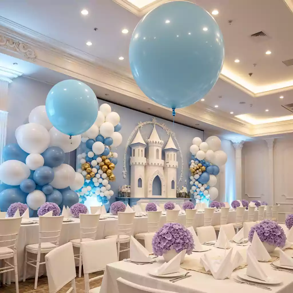 Luxury indoor birthday celebration with elegant blue and white balloon decorations and castle backdrop in Dubai. Arranged by MRM EVENTS.