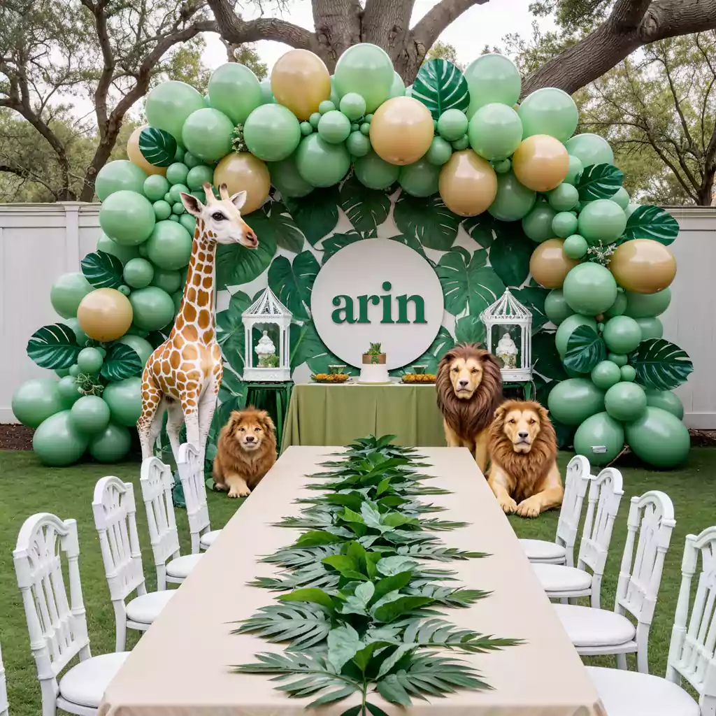 Safari-themed birthday party featuring jungle decorations, lion statues, and an elegant green balloon arch in Dubai. Curated by MRM EVENTS.