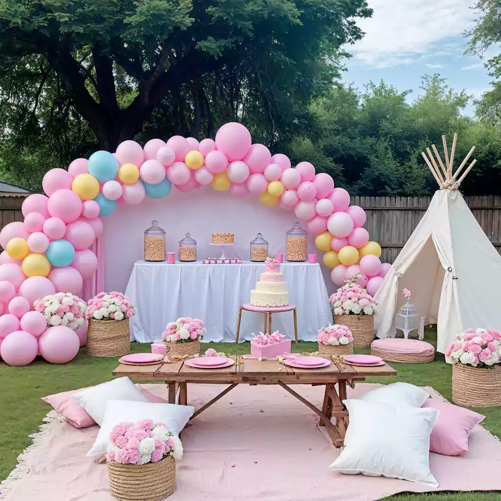 Chic outdoor birthday celebration with soft pastel balloon arch, cozy seating, and stylish dessert table in Dubai. Executed by MRM EVENTS.