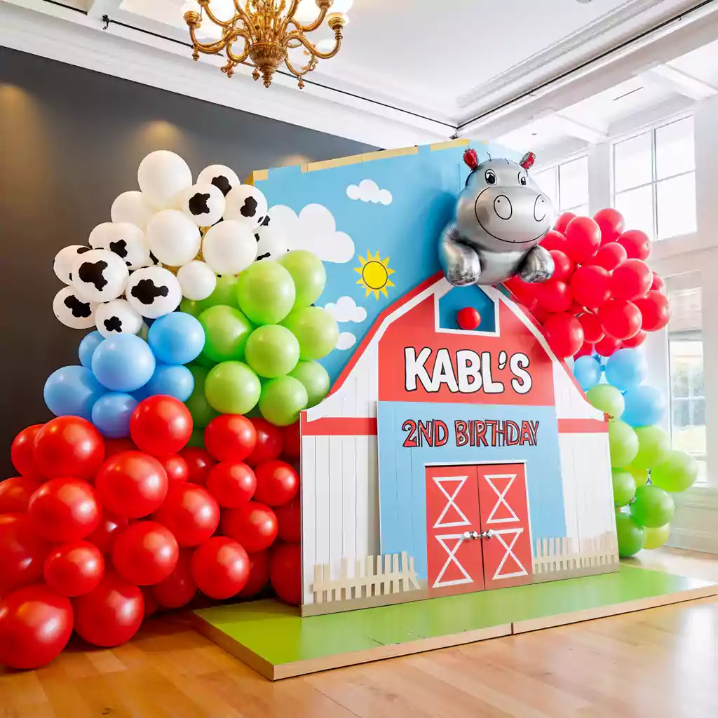 Farmhouse-style birthday party setup with a rustic red barn backdrop, colorful balloons, and festive decorations in Dubai. Hosted by MRM EVENTS.