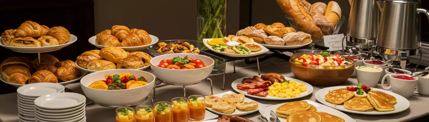 A breakfast buffet for business meeting catering with pastries, pancakes, fruits, and eggs, ideal for corporate catering in Dubai