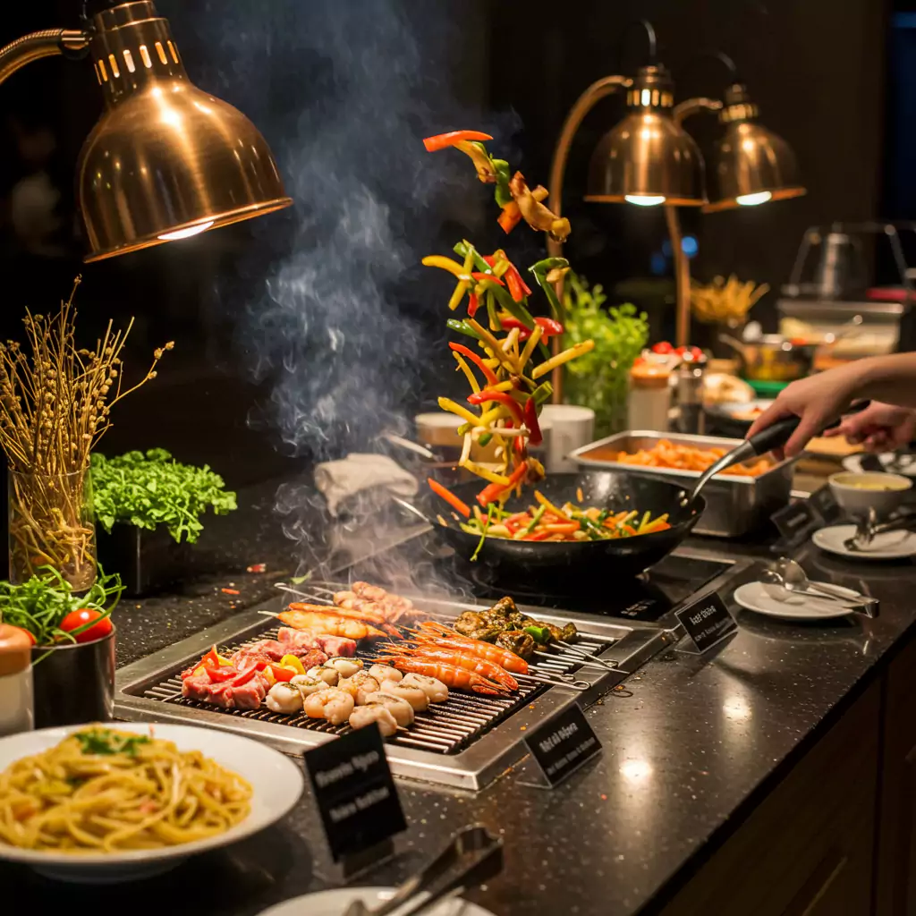A live grill station for business meeting catering, with seafood skewers and sautéed vegetables, ideal for corporate events in Dubai