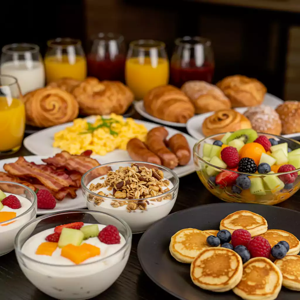 "A colorful breakfast spread for business meeting catering with pancakes, fruit, yogurt, pastries, and juice for corporate events in Dubai. "
