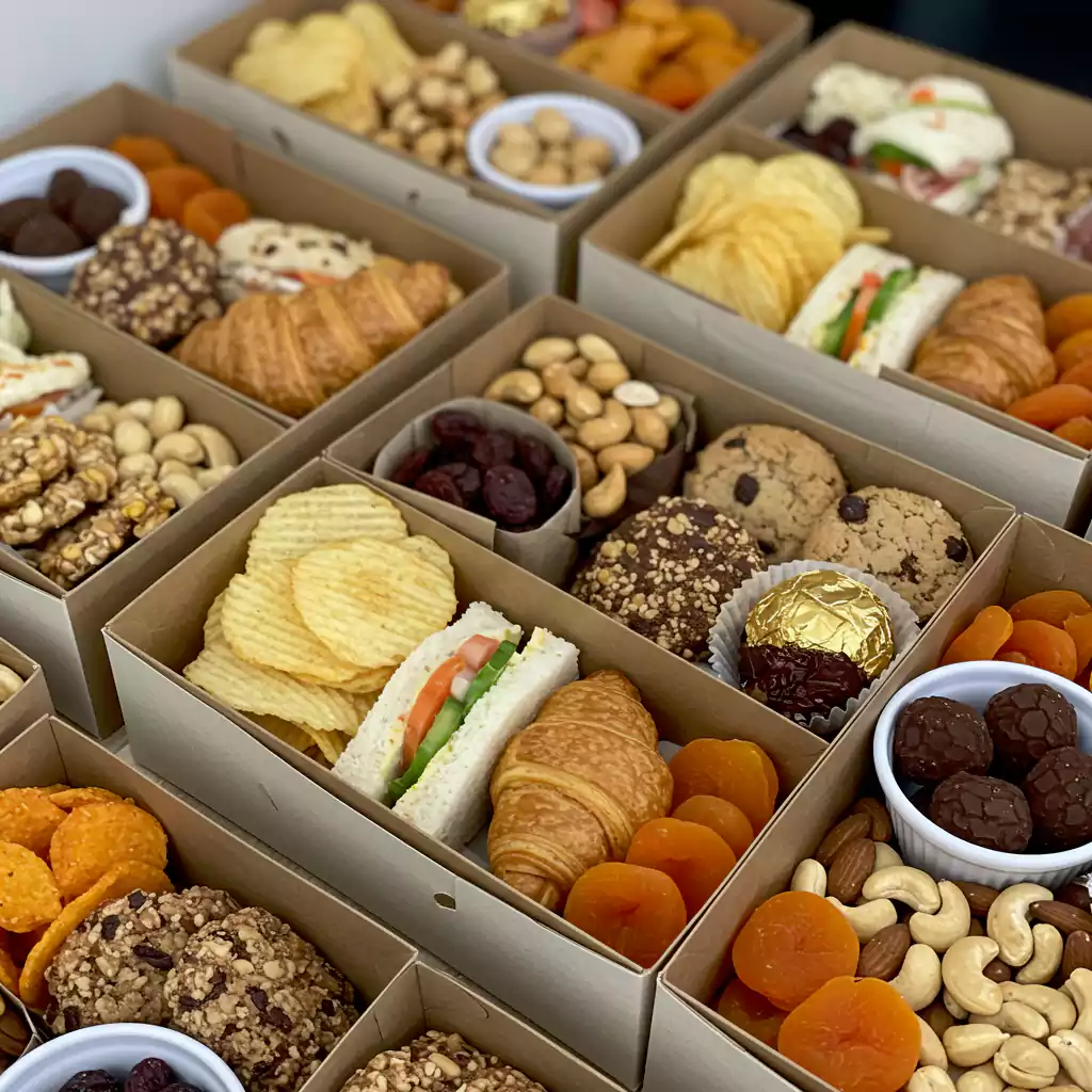 "Snack and sandwich boxes for business meeting catering, filled with nuts, chips, sweets, and mini sandwiches for corporate events in Dubai. "