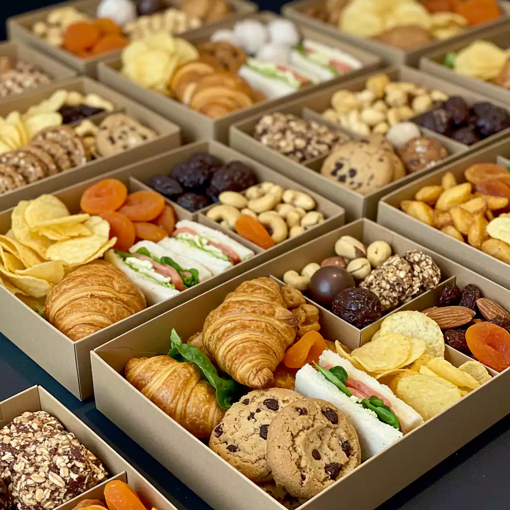 "Assorted snack boxes for business meeting catering with croissants, cookies, sandwiches, and nuts for corporate events in Dubai. "