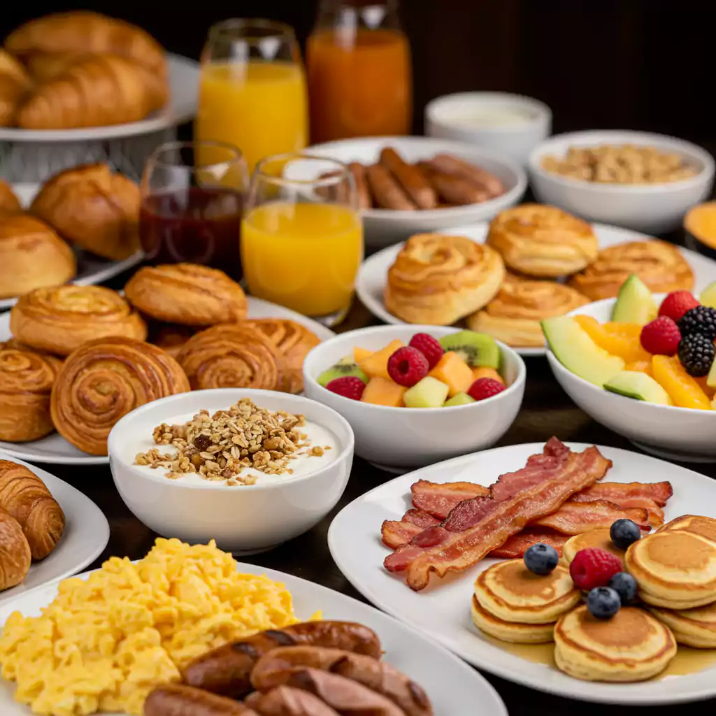 "Continental breakfast setup for business meeting catering with eggs, pastries, fruits, and juice for corporate events in Dubai. "