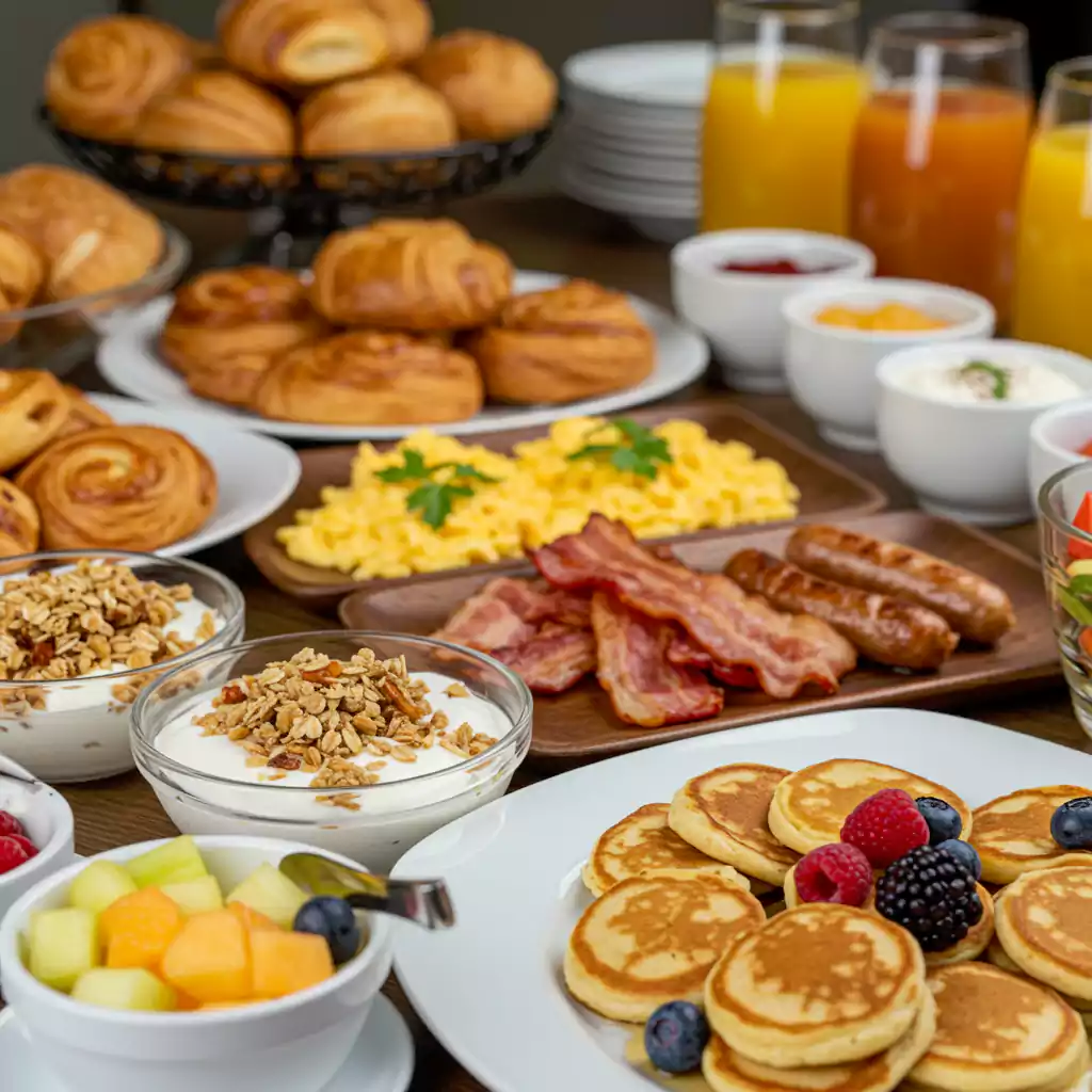 "Breakfast buffet for business meeting catering with pancakes, yogurt, bacon, eggs, and juice for professional events in Dubai. "