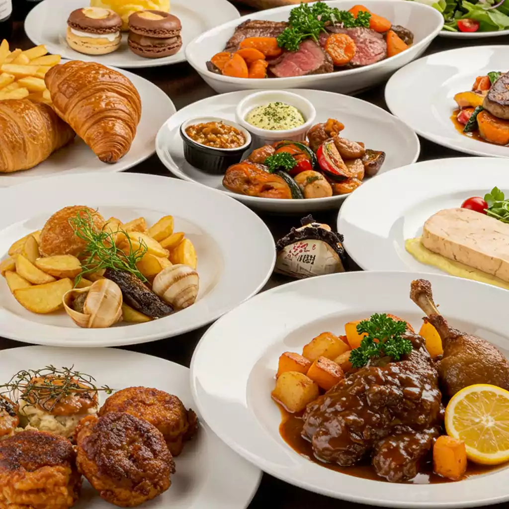 "Gourmet French cuisine for business meeting catering with meats, sauces, sides, and pastries for upscale corporate events in Dubai. "