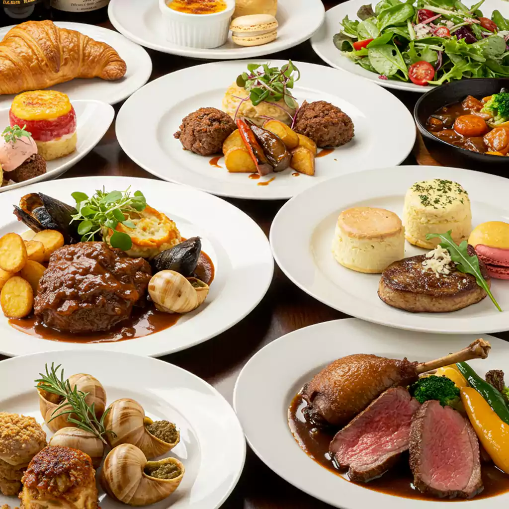 "Fine French entrées for business meeting catering, featuring meats, seafood, escargot, and desserts for luxury corporate events in Dubai. "