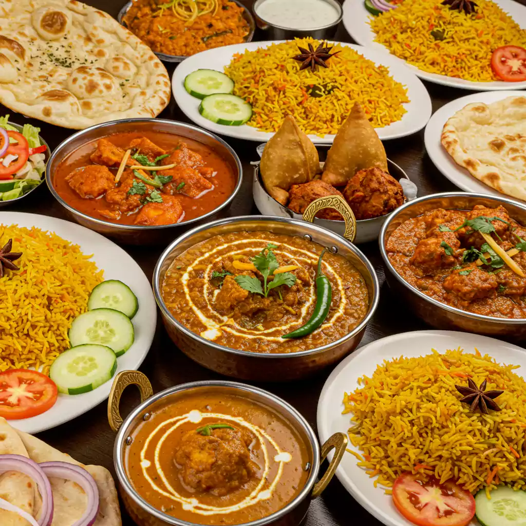 "Traditional Indian cuisine for business meeting catering with biryani, curry, naan, and samosas, ideal for corporate events in Dubai. "