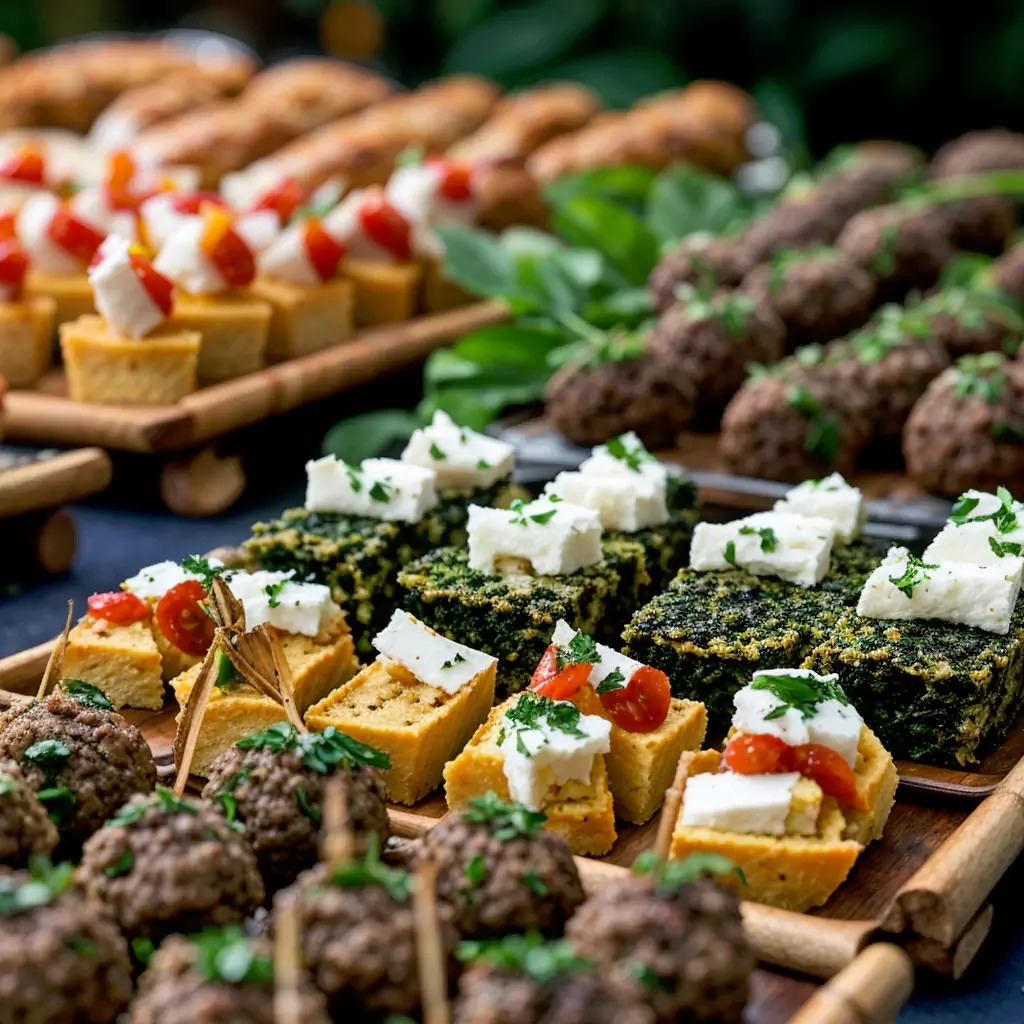"Bite-sized appetizers for business meeting catering, including meat skewers, mini quiches, and feta bites for corporate events in Dubai. "