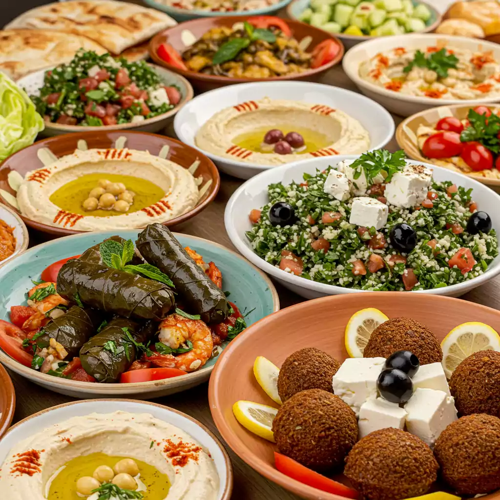 "Middle Eastern mezze for business meeting catering with hummus, tabbouleh, falafel, and vine leaves for corporate events in Dubai. "