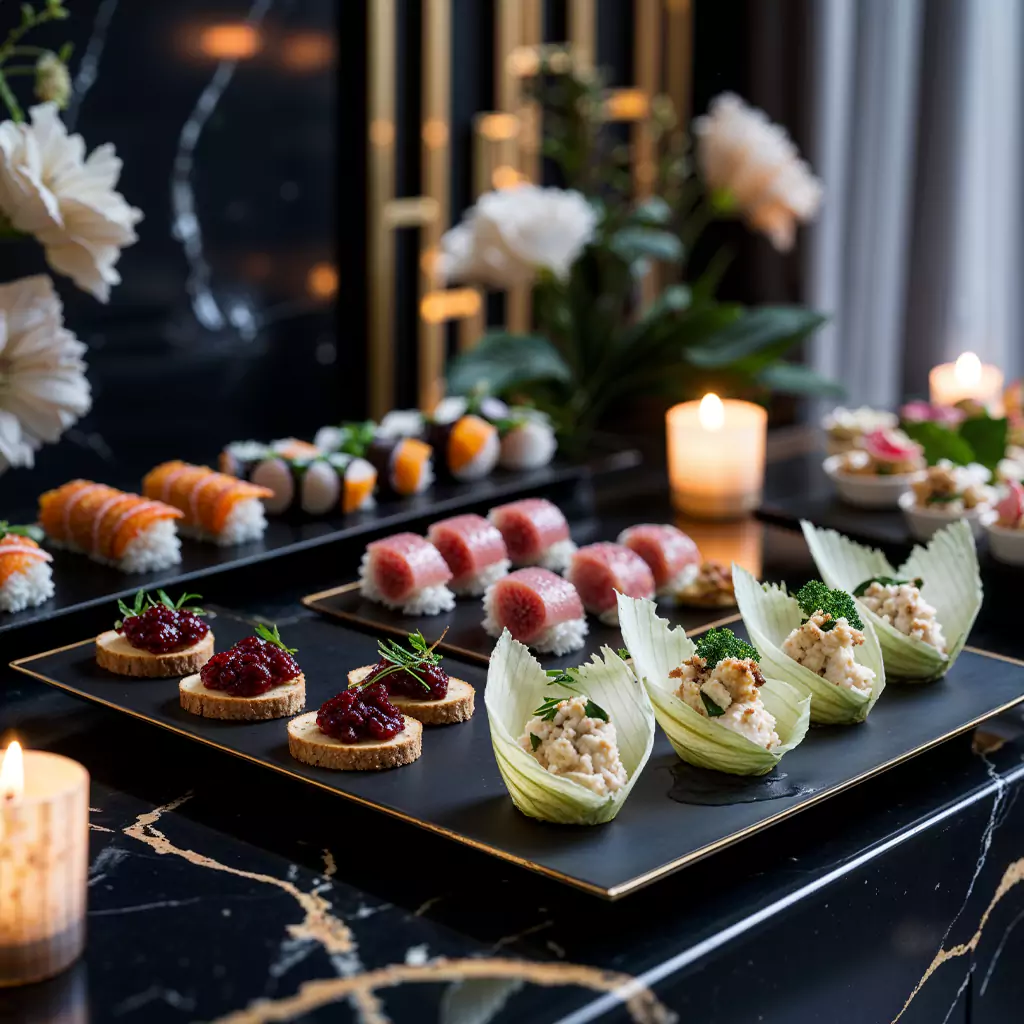 "Elegant sushi and canapé display for business meeting catering, ideal for high-end corporate events and catering services in Dubai. "